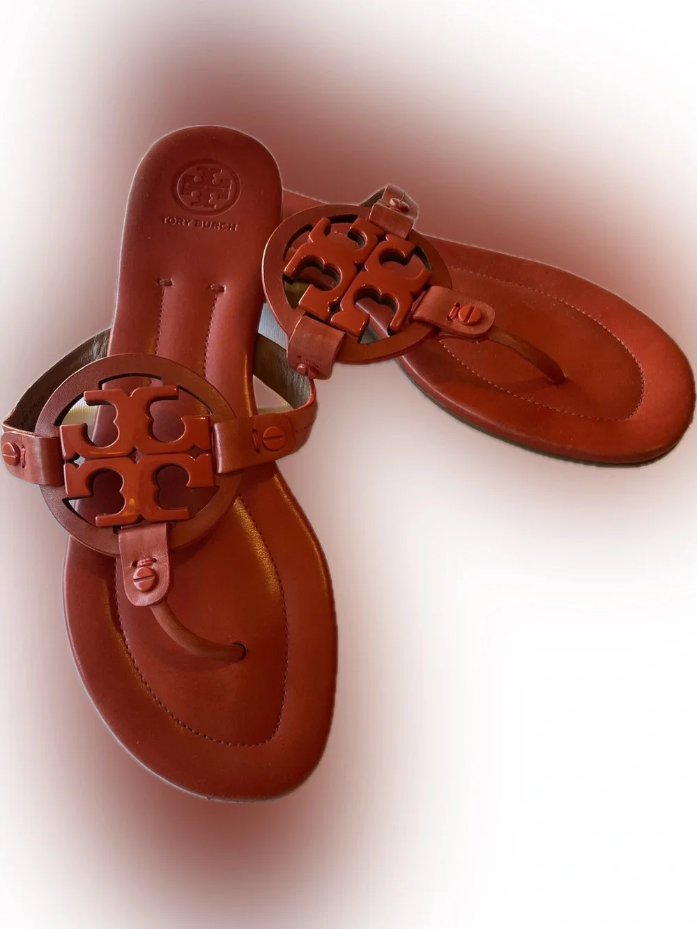 Tory Burch Women's Leather Miller Thong Sandals in Orange Coral Metal Logo
